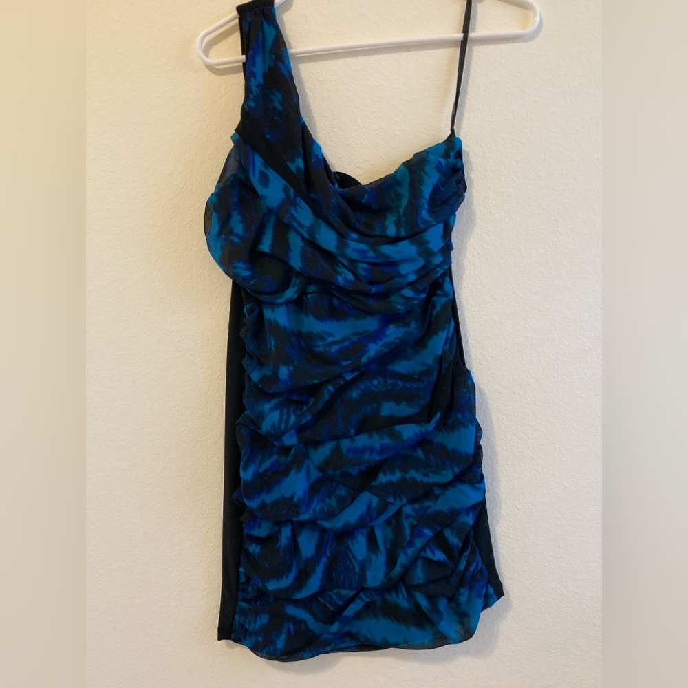 Snap Blue Black One Shoulder Dress Size S/M Ruched Cocktail Dress